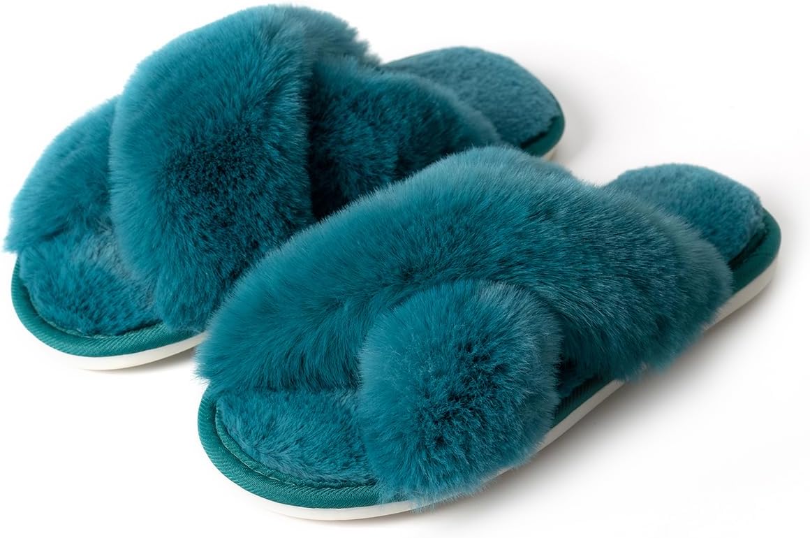 Women Slipper Memory Foam Cross Band Fuzzy Slippers Open Toe Cozy House Slippers Cozy Plush Bedroom Indoor Outdoor - Image 2