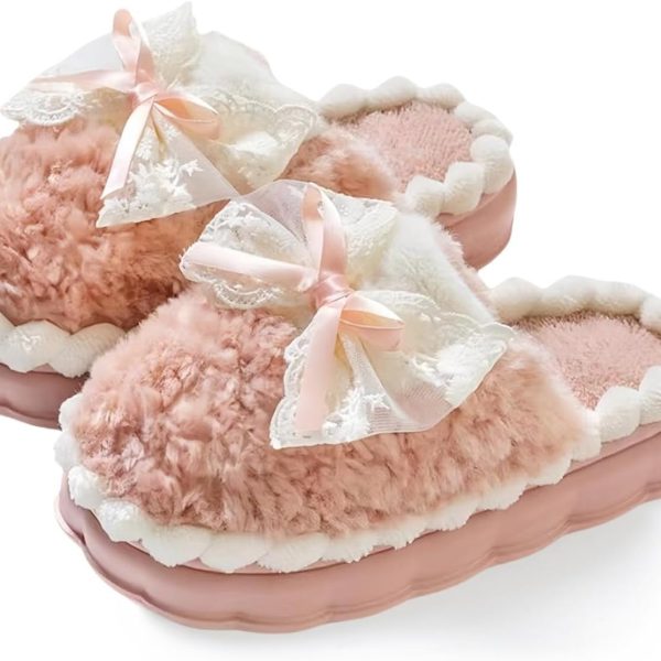 Cute Bow Slippers for Women, Women Fuzzy Fluffy Cozy Indoor Outdoor House Slippers