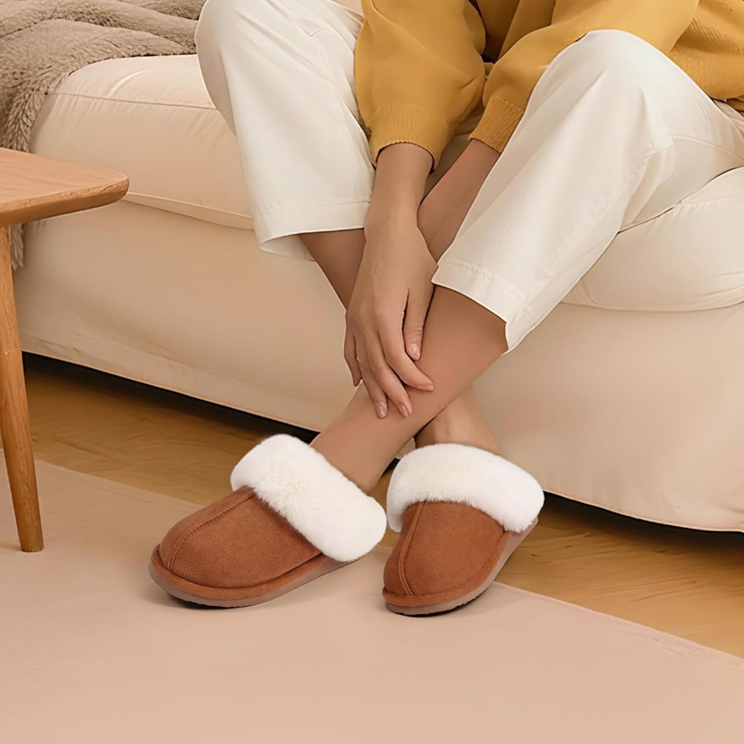 Fuzzy House Slippers for Women Fluffy Memory Foam Suede Slippers with Faux Fur Collar Indoor Outdoor - Image 2