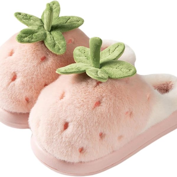 Strawberry Fuzzy Friut Slippers for Women, Cute Fluffy Plush Warm House Couple Slippers, Winter