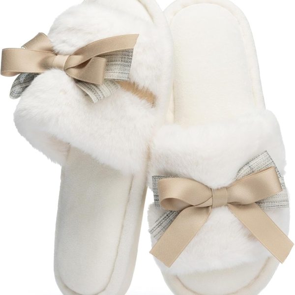 Cute Bow Slippers for Women with Memory Foam Open Toe Fuzzy House Slippers Indoor Outdoor Anti-Skid Soft Birthday Gifts for Women Mom