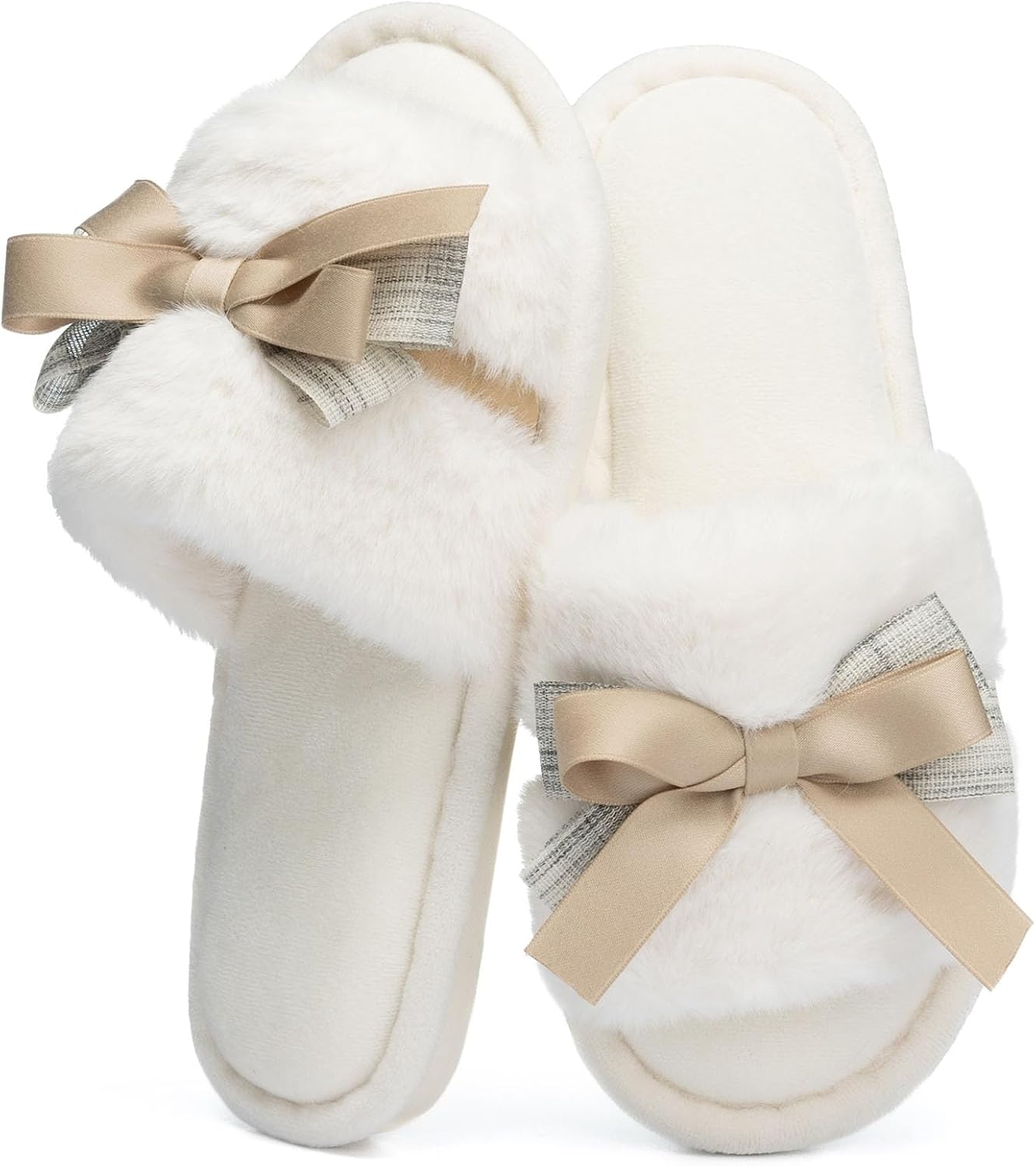 Cute Bow Slippers for Women with Memory Foam Open Toe Fuzzy House Slippers Indoor Outdoor Anti-Skid Soft Birthday Gifts for Women Mom