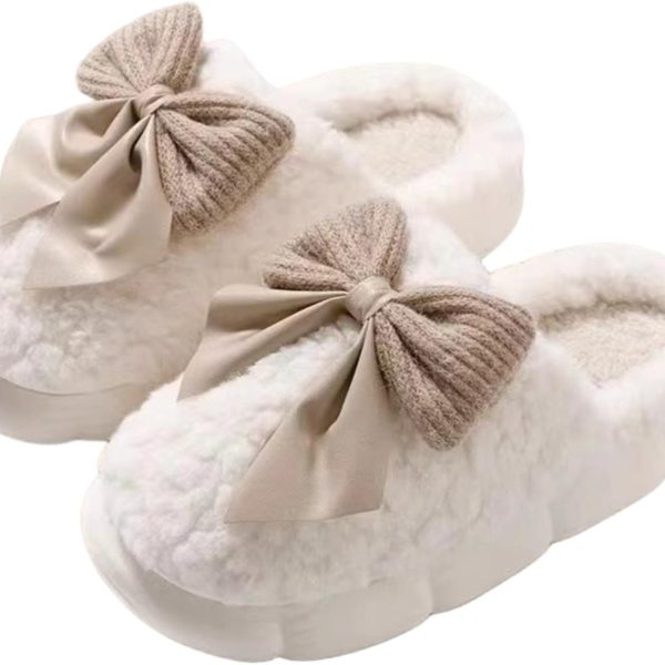 Plush Cute Bow Slippers for Women – Furry Comfy Indoor Outdoor Non-Slip House Slippers