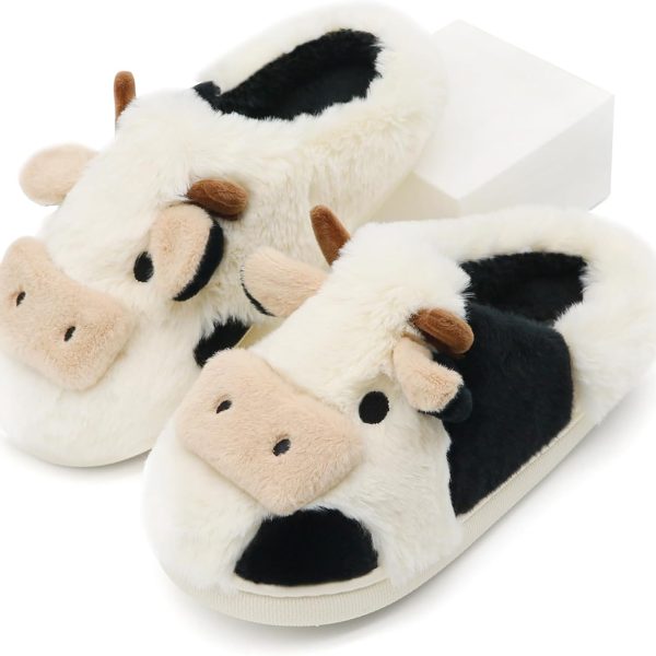 Fuzzy Cow Slippers for Women Men Adults, Fluffy Plush and Cozy Cotton House Slippers for Indoor Outdoor Bedroom, Warm Furry Cow Print Slipper for Winter Spring Fall