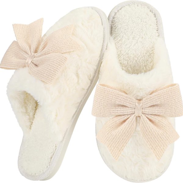 Women Cute Bow Slippers Cartoon House Fur Shoes Cozy Indoor Momory Foam Outdoor