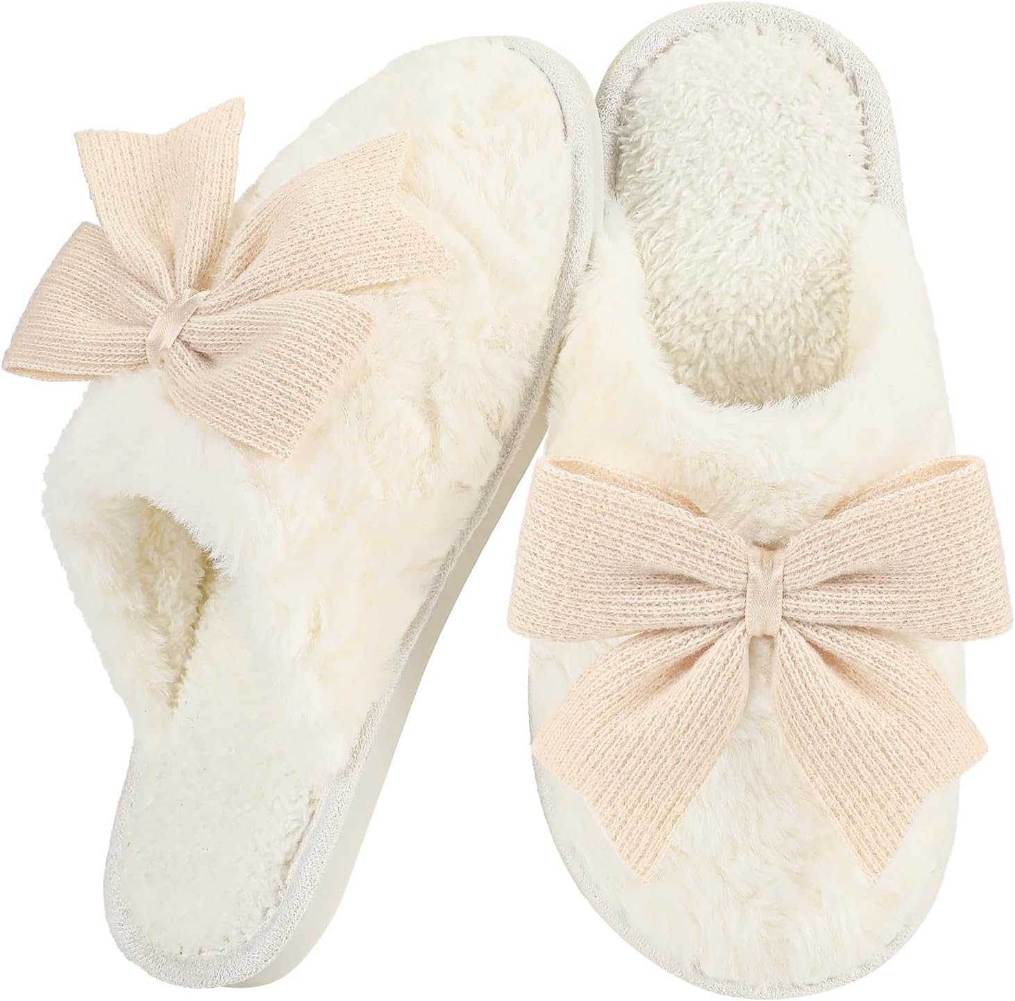 Women Cute Bow Slippers Cartoon House Fur Shoes Cozy Indoor Momory Foam Outdoor