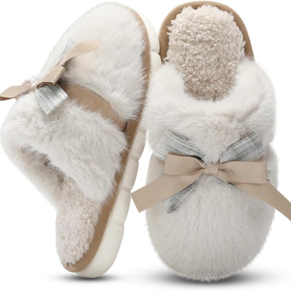 Cute Women's Memory Foam House Slippers - Fuzzy Plush Faux Fur Slippers with Bow Butterfly Tie - Anti-Skid Indoor/Outdoor Gifts for Women, Moms & Ladies