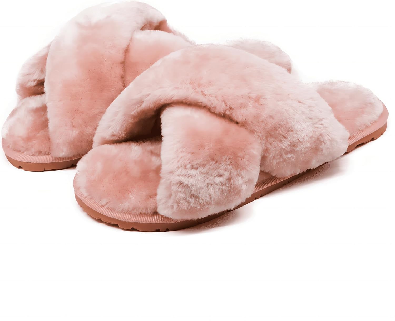 Women Fuzzy Fluffy House Slippers Cute Plush Memory Foam Shoes Cross Band Indoor Outdoor Open Toe Sandals