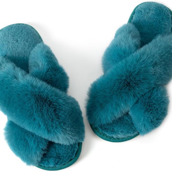 Women Slipper Memory Foam Cross Band Fuzzy Slippers Open Toe Cozy House Slippers Cozy Plush Bedroom Indoor Outdoor