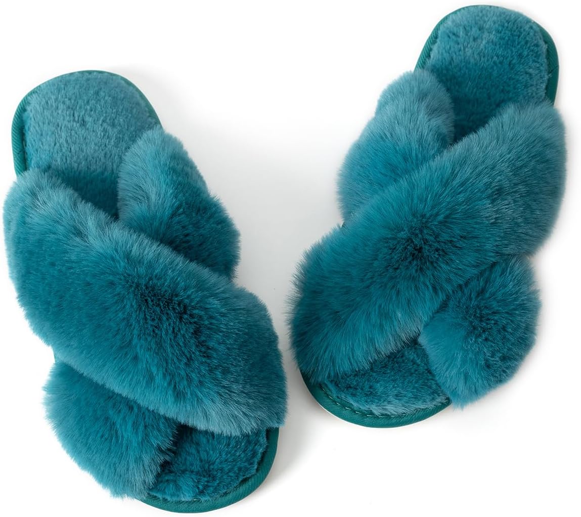 Women Slipper Memory Foam Cross Band Fuzzy Slippers Open Toe Cozy House Slippers Cozy Plush Bedroom Indoor Outdoor