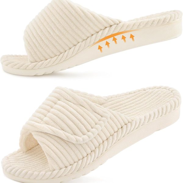 Orthopedic Slippers for Women Arch Support Indoor House Slippers Adjustable Open Toe Corduroy Bedroom Shoes with Memory Foam for Plantar Fasciitis
