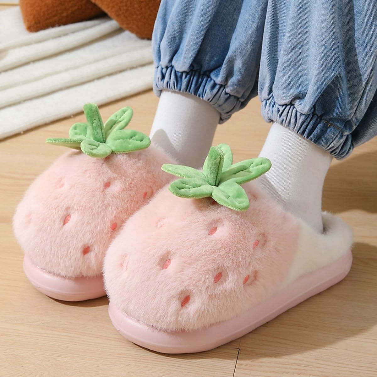 Strawberry Fuzzy Friut Slippers for Women, Cute Fluffy Plush Warm House Couple Slippers, Winter - Image 2
