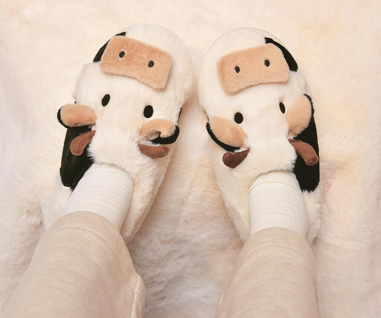 Fuzzy Cow Slippers for Women Men Adults, Fluffy Plush and Cozy Cotton House Slippers for Indoor Outdoor Bedroom, Warm Furry Cow Print Slipper for Winter Spring Fall - Image 2