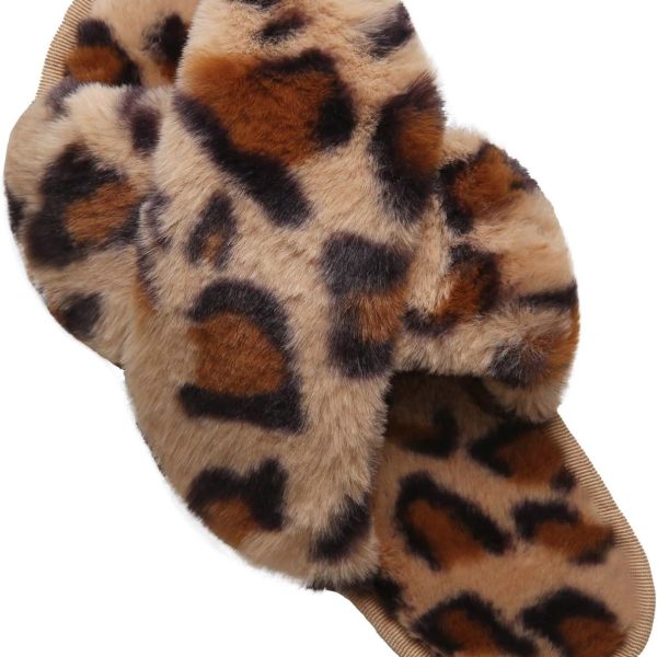 Women’s Cross Band Slippers, Soft Plush Fleece Lightweight Non Slip Open Toe Flip Flop Shoes House Indoor Outdoor Fur Fuzzy Slippers