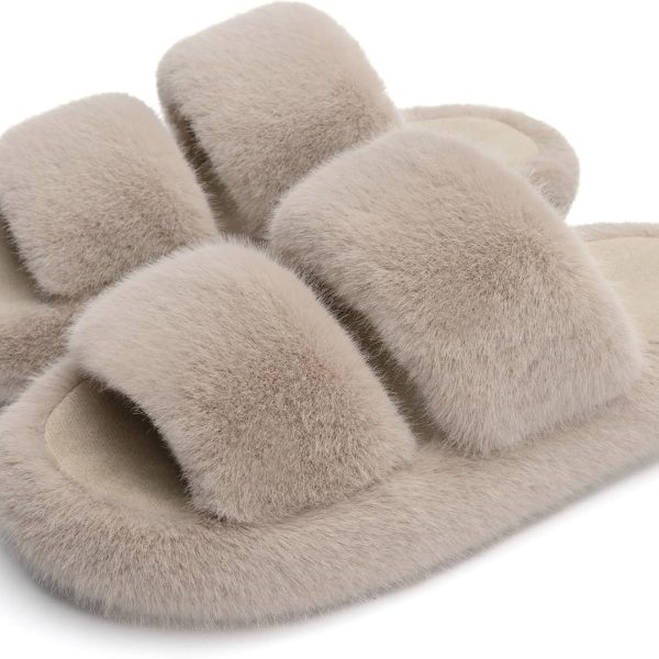 Women Memory Foam Fuzzy Comfy Faux Fur House Shoes - Furry Bedroom Indoor Open Toe Slippers with Two Bands - Trendy Gift Slippers