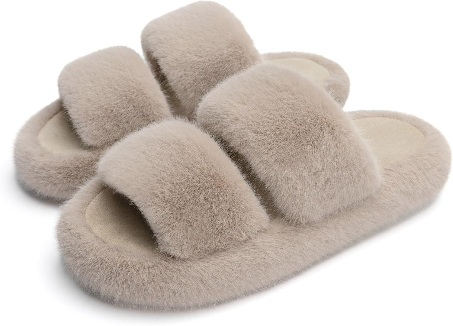 Women Memory Foam Fuzzy Comfy Faux Fur House Shoes - Furry Bedroom Indoor Open Toe Slippers with Two Bands - Trendy Gift Slippers