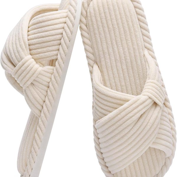 Summer House Slippers for Women Corduroy Cross Bow Indoor Slippers Open Toe Slip On Bedroom Shoes with Memory Foam