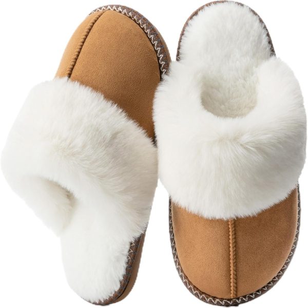 Fuzzy Slippers for Women with Memory Foam Warm Winter Faux Fur Slippers House Shoes Indoor Outdoor Mothers Day Gifts for Women Mom Suede Anti-Skid