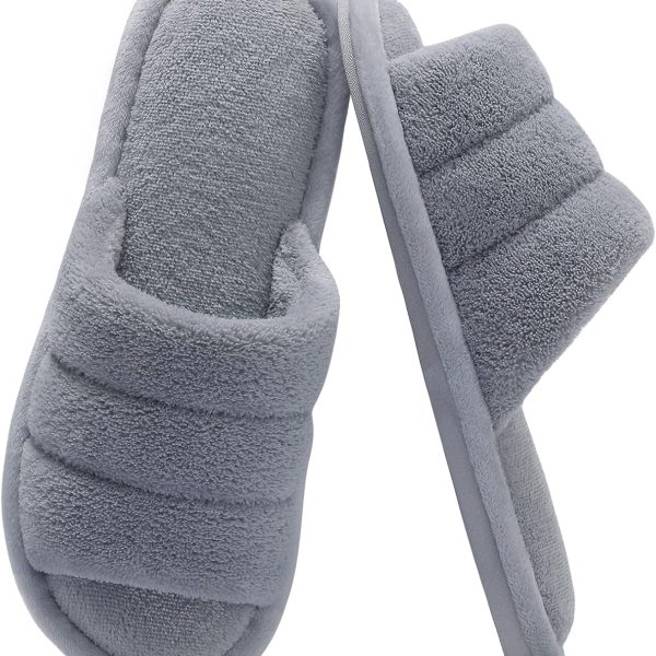 Terry Cloth Open Toe Slippers for Women Memory Foam Slip On House Slippers