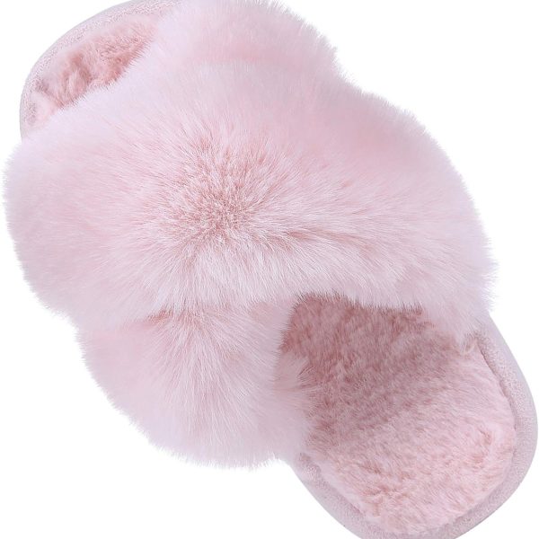 Girl's Soft Plush Lightweight House Slippers Non Slip Cross Band Slip on Open Toe Cozy Indoor Outdoor Slippers