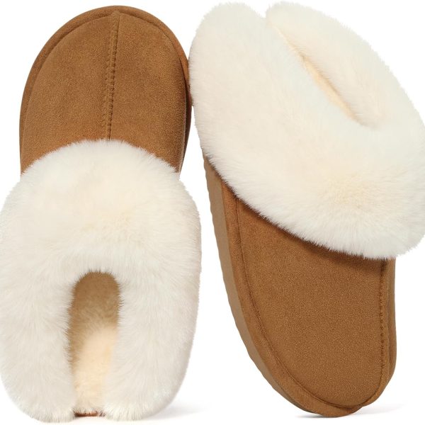 Fuzzy House Slippers for Women Fluffy Memory Foam Suede Slippers with Faux Fur Collar Indoor Outdoor