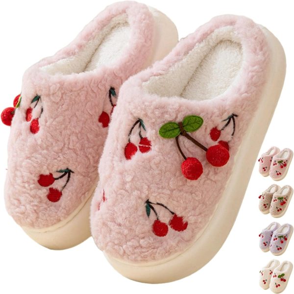 Women Cherry Slippers Cozy Winter Warm Fuzzy Slippers with Non-Slip Sole Cute Indoor Home Slip On Plush Bedroom House Shoes Gifts