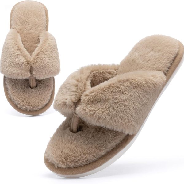 Fluffy House Slippers for Women Open Toe Cute Memory Foam Flip Flop Slippers Indoor Outdoor Soft Slides Shoes