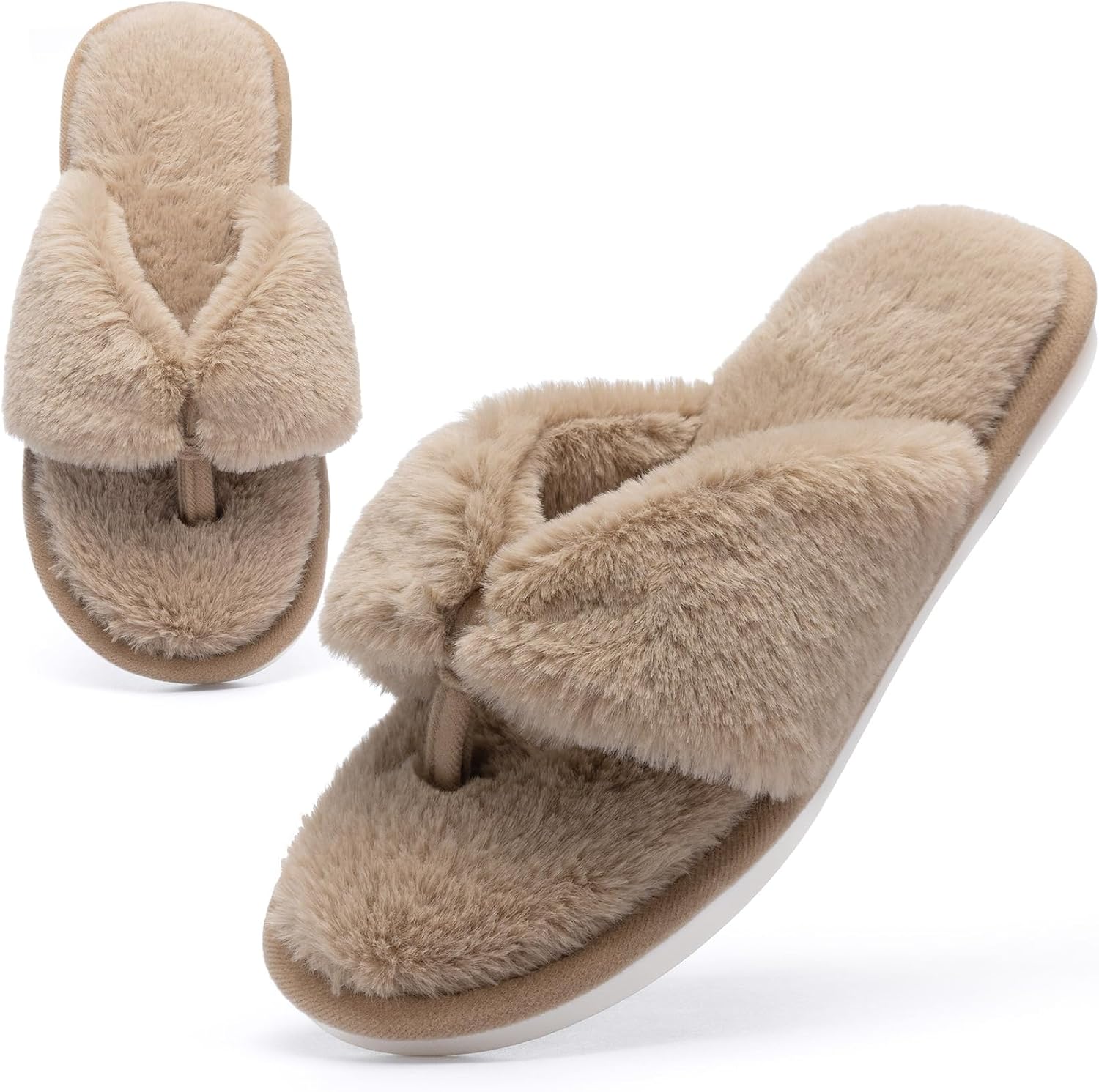 Fluffy House Slippers for Women Open Toe Cute Memory Foam Flip Flop Slippers Indoor Outdoor Soft Slides Shoes