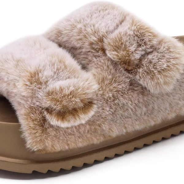 Women's Fluff Slippers Plantar Fasciitis Arch Support Platform Slippers Ladies Fashion Open Toe Faux Fur Sliders Womens House Slipper Size 6-12