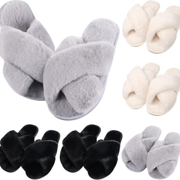 6 Pairs Women Cross Band Slippers Fuzzy Plush House Bridesmaid Slipper White | Black | Pink Open Toe Fluffy Slipper Soft Warm Bridal Slippers