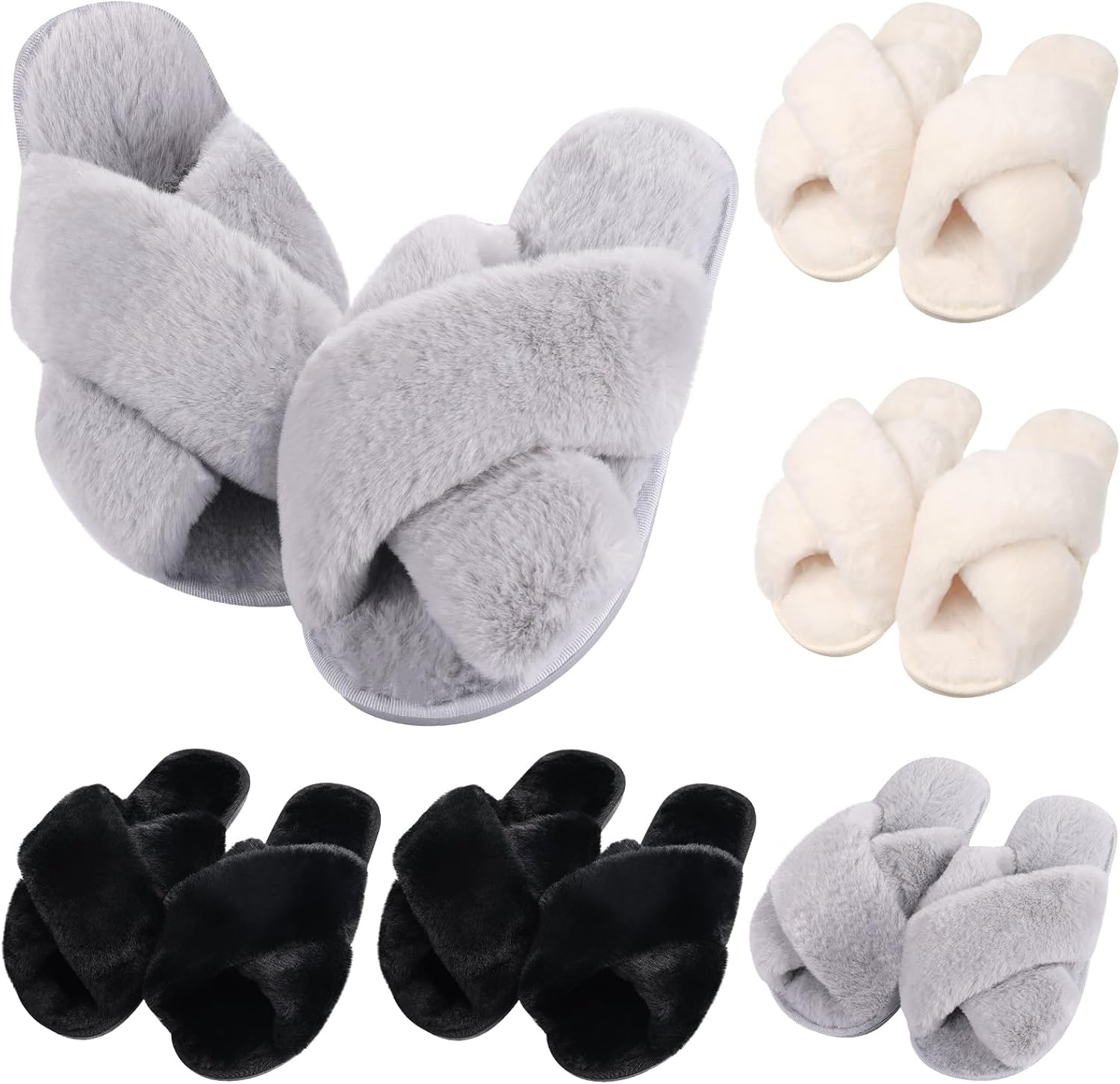 6 Pairs Women Cross Band Slippers Fuzzy Plush House Bridesmaid Slipper White | Black | Pink Open Toe Fluffy Slipper Soft Warm Bridal Slippers