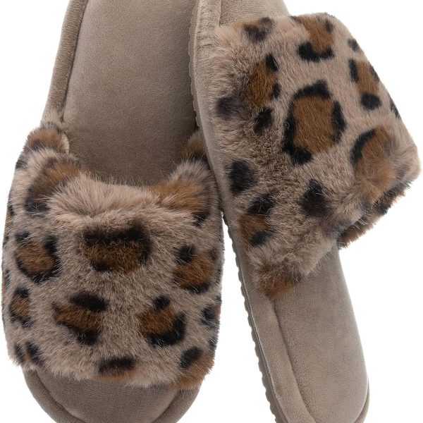 Women's Fuzzy Open-Toe House Slippers with Memory Foam - Leopard Print Cheetah Plush Cozy Cute Slipper Indoor/Outdoor Soft Slip On Slides Gifts for Women Mom Her Ladies