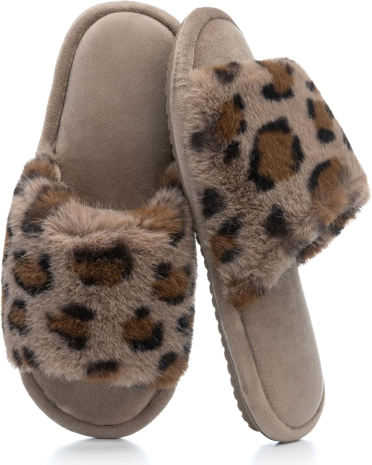 Women's Fuzzy Open-Toe House Slippers with Memory Foam - Leopard Print Cheetah Plush Cozy Cute Slipper Indoor/Outdoor Soft Slip On Slides Gifts for Women Mom Her Ladies