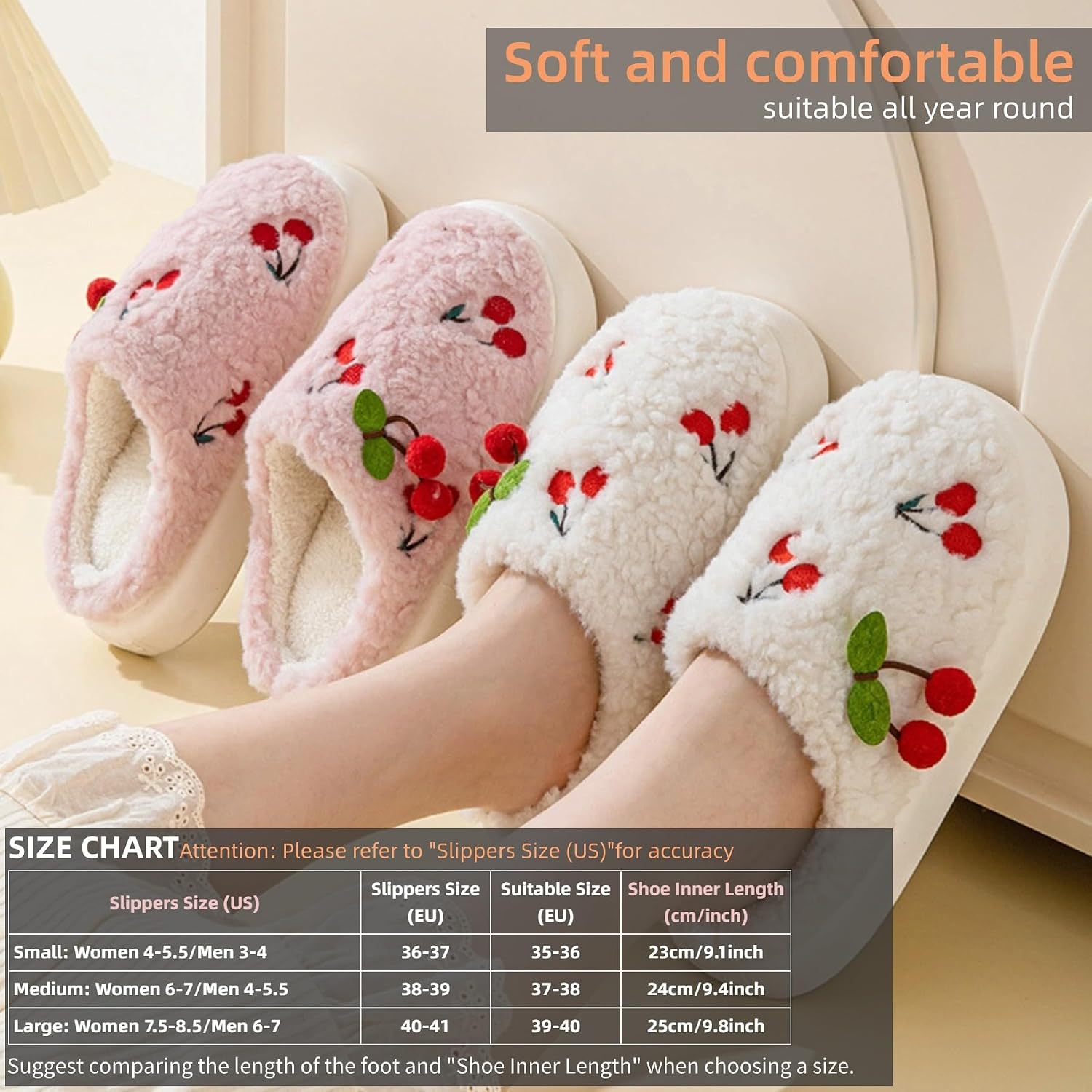 Women Cherry Slippers Cozy Winter Warm Fuzzy Slippers with Non-Slip Sole Cute Indoor Home Slip On Plush Bedroom House Shoes Gifts - Image 2