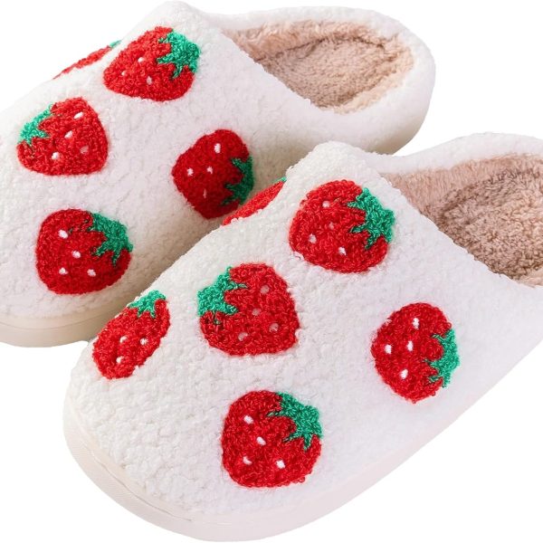 Women Slippers Cute Pattern Strawberry Slippers Warm Soft Bedroom Shoes Fuzzy Closed Toe Sandals Non Slip House Bedroom Slippers