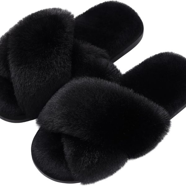 Women's Fuzzy Slippers Cross Band Memory Foam House Slippers Open Toe