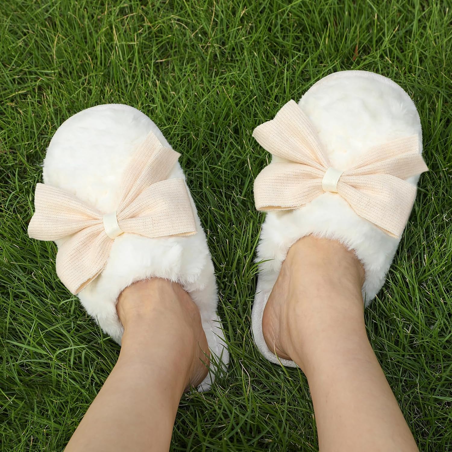 Women Cute Bow Slippers Cartoon House Fur Shoes Cozy Indoor Momory Foam Outdoor - Image 2