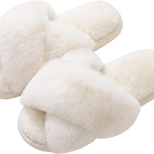 Women Fuzzy Slippers Cross Band Memory Foam House Slippers Open Toe