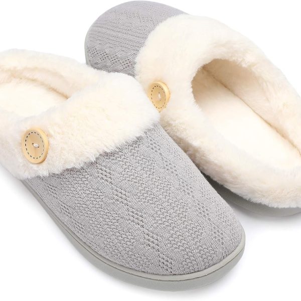 Womens Slipper Warm Comfy Memory Foam House Slippers Knitted Shoes Faux Fur Lined Anti-Skid Rubber Sole Bedroom Cozy Indoor Outdoor Slippers
