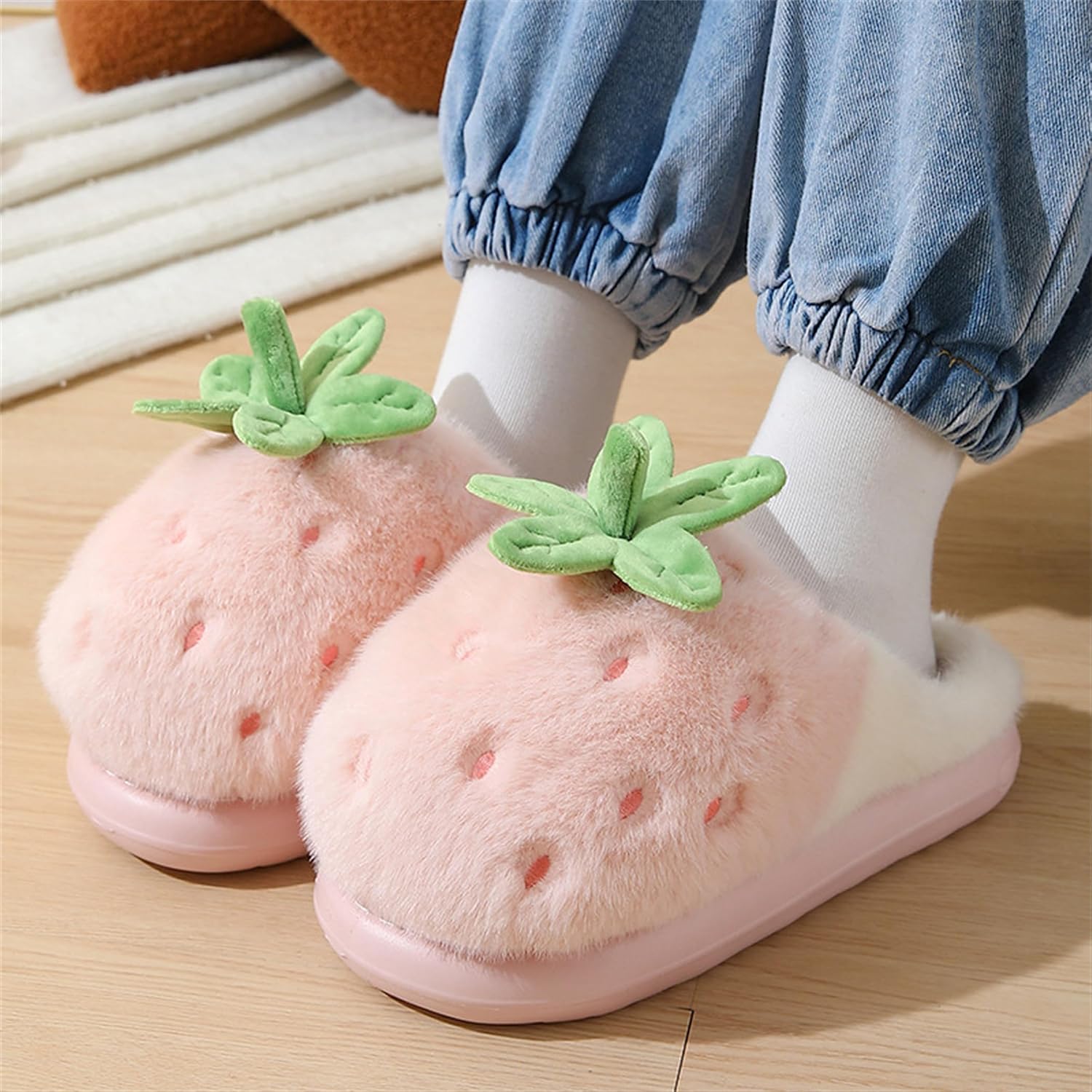 Strawberry fruit slippers for both men and women at home, plush anti slip and warm slippers - Image 2